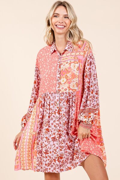 Robe chemise à manches longues avec détails floraux boutonnés Mittoshop