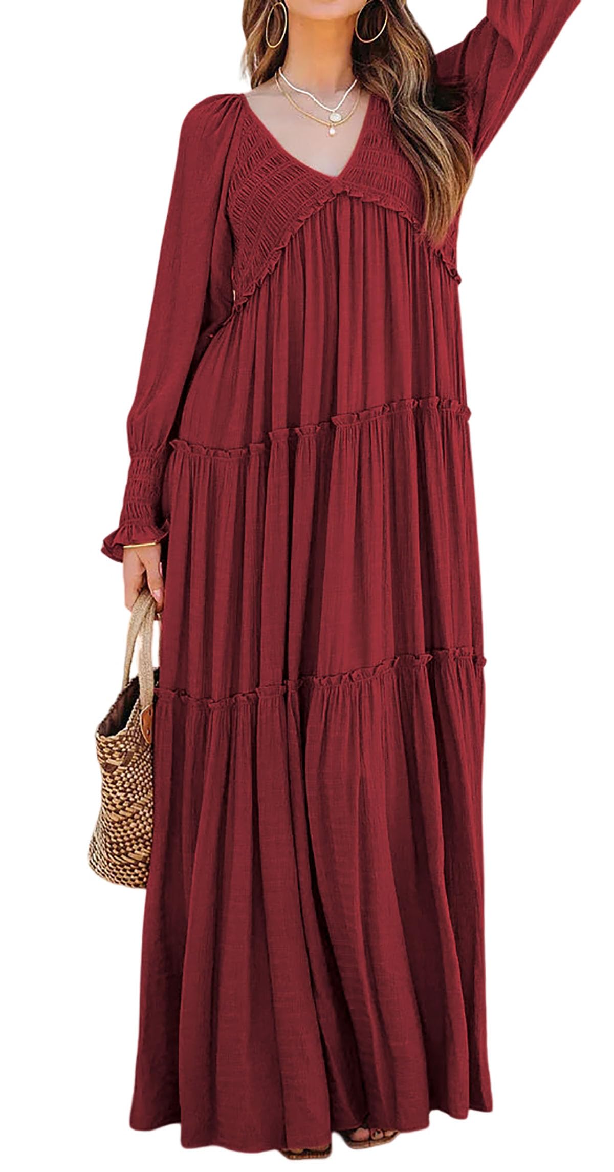 Damen Langarm V-Ausschnitt Boho Maxikleider im Flowy-Stil (2 kaufen, kostenloser Versand)