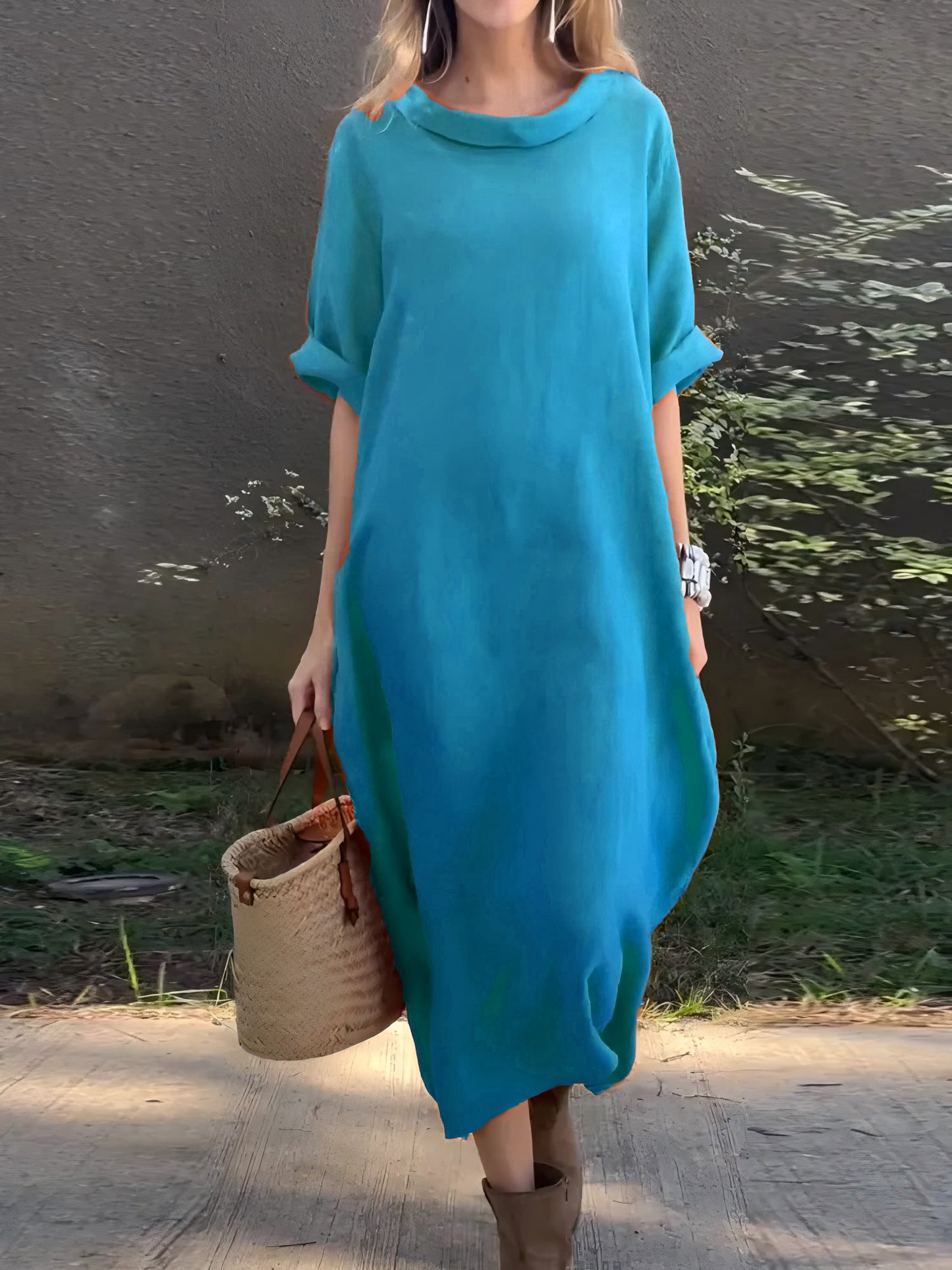 Damen Freizeitkleid aus Baumwolle und Leinen in Uni-Farben