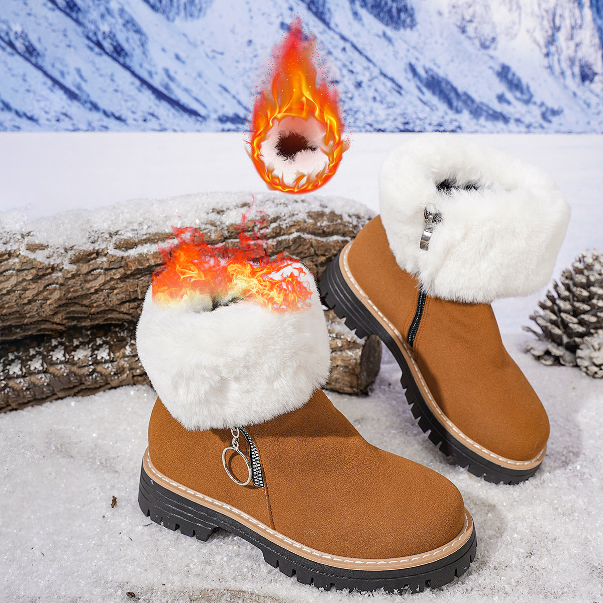Bottes de neige chaudes doublées polaire avec fermeture éclair latérale pour femme