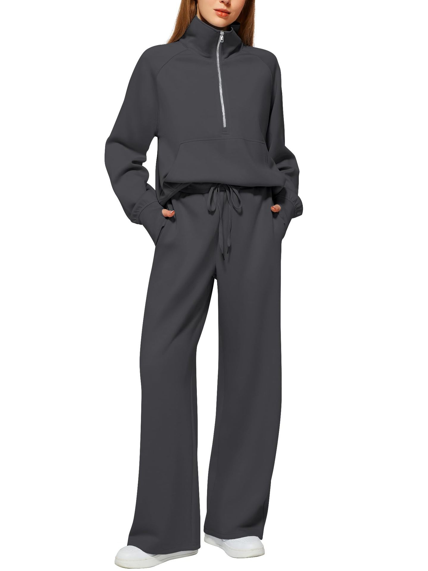VENTE DE LIQUIDATION🔥 Ensemble deux pièces en coton de couleur unie avec demi-zip pour femme