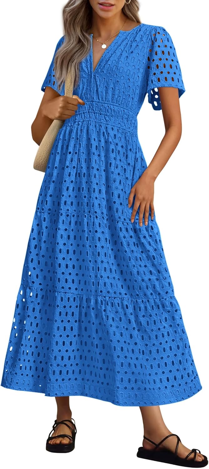 NOUVEAU 🔥 Robe longue d'été 2025 pour femme, manches courtes, col en V, ajourée, œillets, coupe trapèze