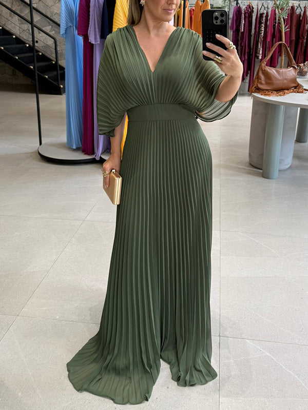NEU🔥 V-Ausschnitt Chiffon Rückenbindeband Reißverschluss Fledermausärmel Kleid – Steuerfrei
