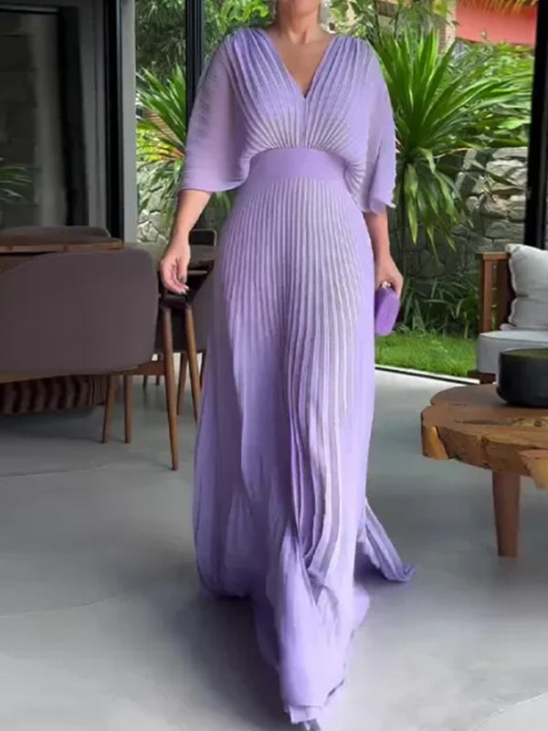NEU🔥 V-Ausschnitt Chiffon Rückenbindeband Reißverschluss Fledermausärmel Kleid – Steuerfrei