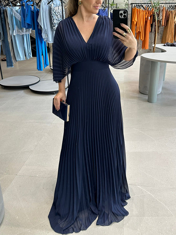 NEU🔥 V-Ausschnitt Chiffon Rückenbindeband Reißverschluss Fledermausärmel Kleid – Steuerfrei
