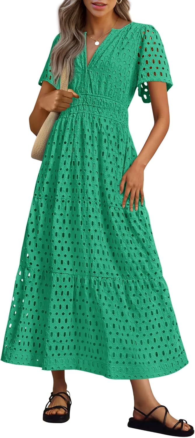 NOUVEAU 🔥 Robe longue d'été 2025 pour femme, manches courtes, col en V, ajourée, œillets, coupe trapèze