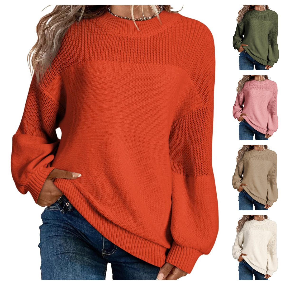 Damen Lässiger Langarm-Pullover mit Rundhalsausschnitt und festen Farben