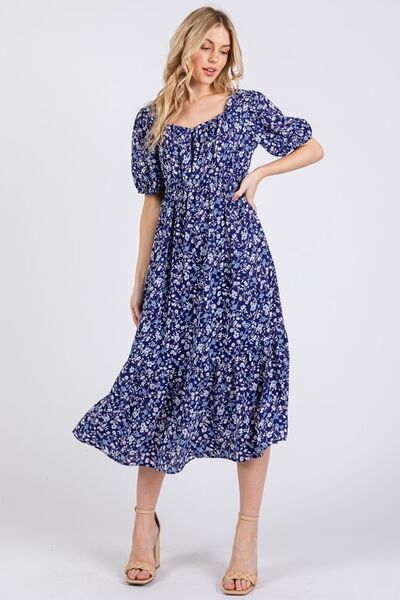 Ces Femme geblümtes Midikleid mit eckigem Ausschnitt und Puffärmeln