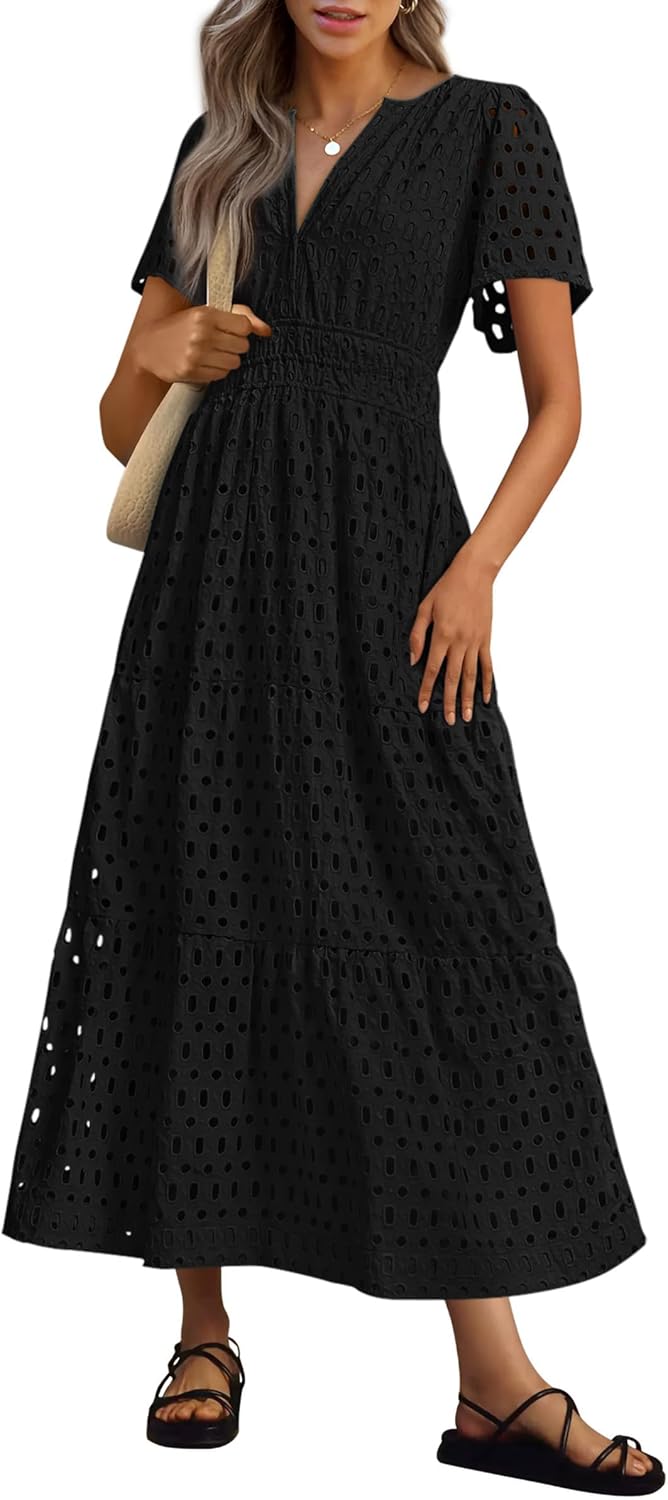 NOUVEAU 🔥 Robe longue d'été 2025 pour femme, manches courtes, col en V, ajourée, œillets, coupe trapèze