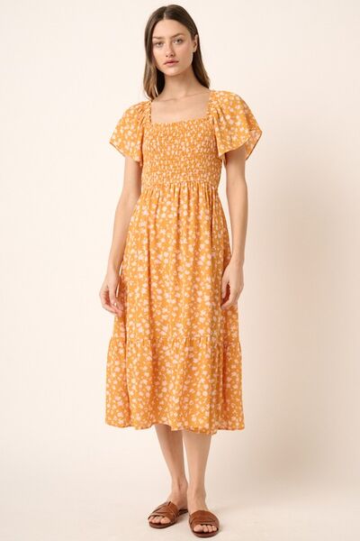 Robe midi smockée à manches papillon et imprimé floral Mittoshop