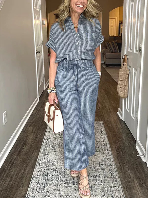 ⏰ DERNIER JOUR -50% 💥Ensemble chemise rayée classique en coton et lin avec poches