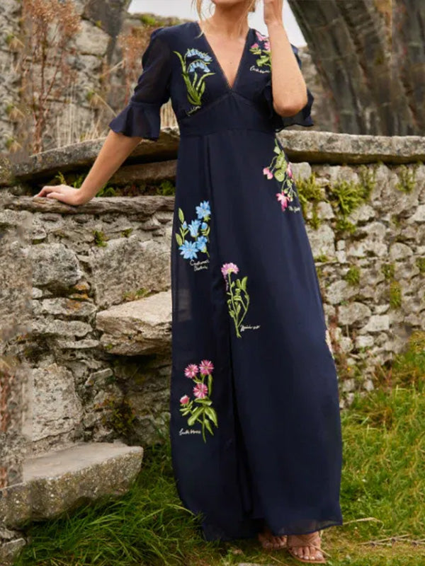 NEU🔥 V-Ausschnitt, geblümtes, besticktes Rüschenkleid – Steuerfrei