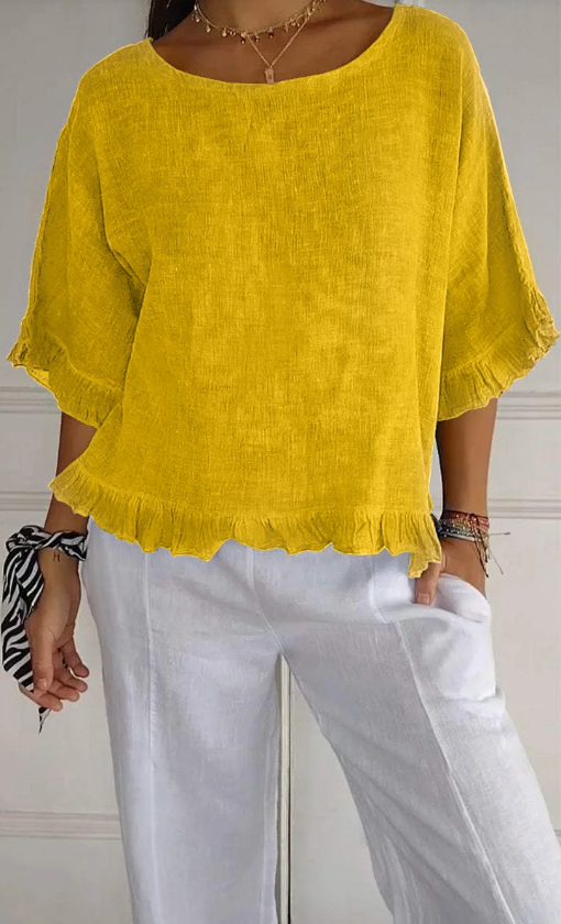 🔥Vente liquidation🔥 Top femme à col rond en coton et lin à volants