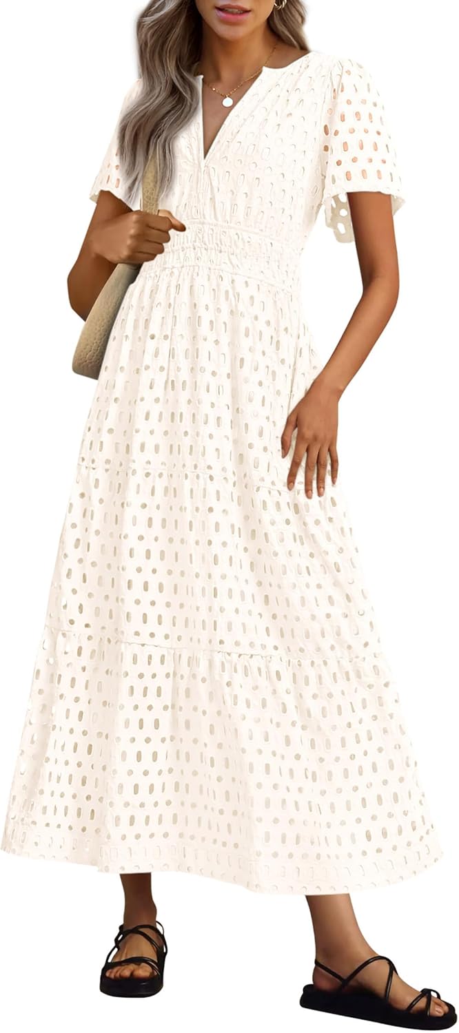 NOUVEAU 🔥 Robe longue d'été 2025 pour femme, manches courtes, col en V, ajourée, œillets, coupe trapèze
