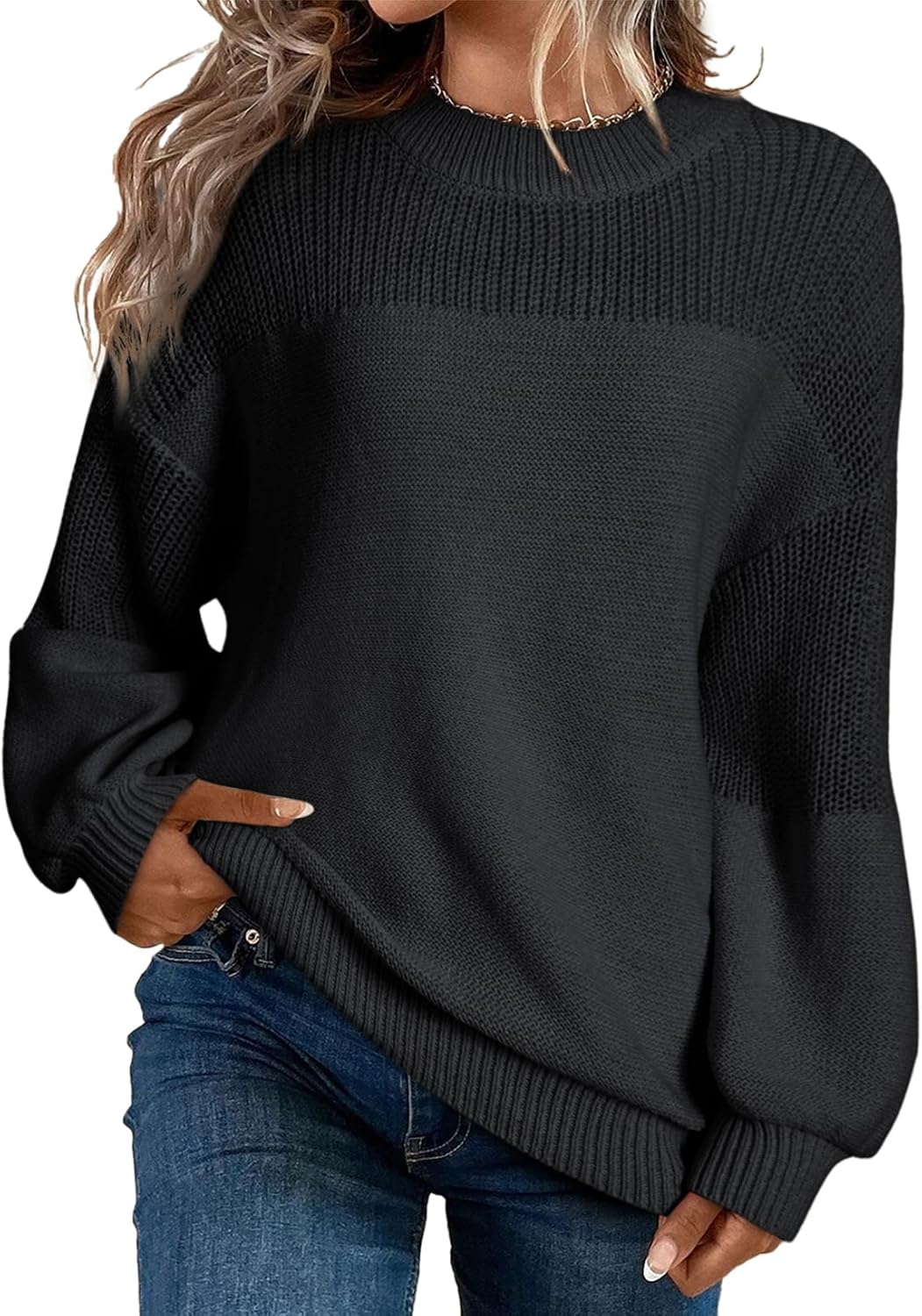Damen Lässiger Langarm-Pullover mit Rundhalsausschnitt und festen Farben