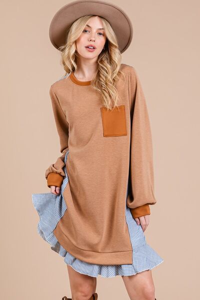 Robe Sweat Femme Col Rond en Tissu Éponge Patchwork Rayé