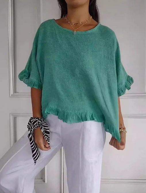 🔥Vente liquidation🔥 Top femme à col rond en coton et lin à volants