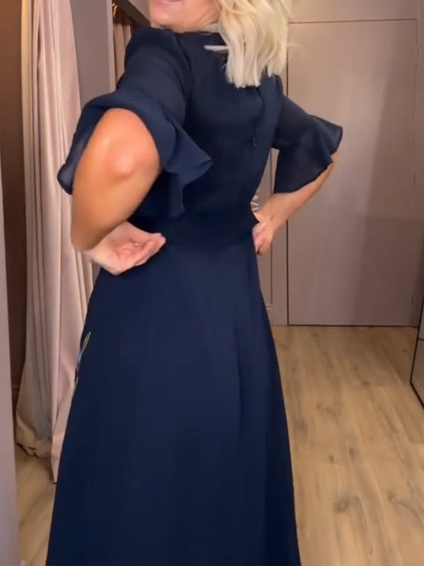 NEU🔥 V-Ausschnitt, geblümtes, besticktes Rüschenkleid – Steuerfrei