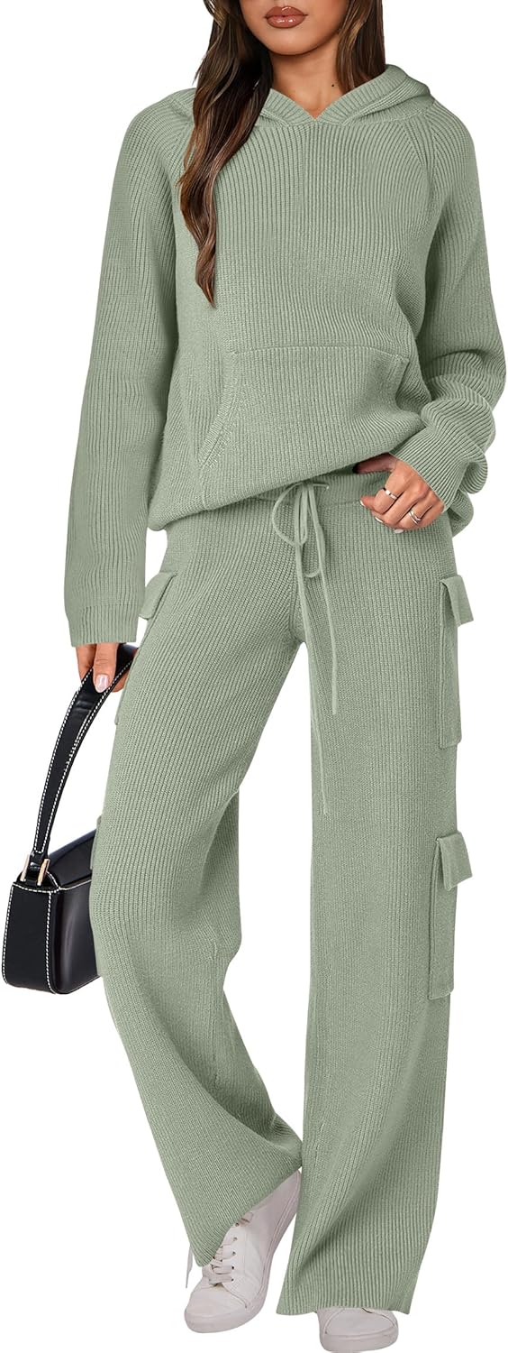 🎄Weihnachts-SALE 🔥 Zweiteilige Outfits für Damen Lässiger Kapuzenpullover Strick Gerades Bein Hosen-Set