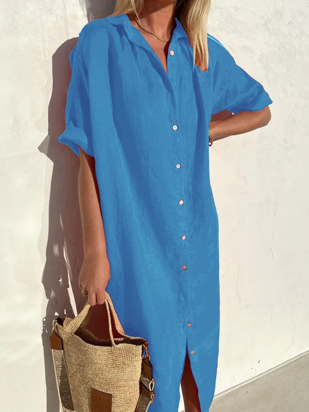 Damen Elegant Lässig Locker Halbarm Knopfleiste Vorne Halbarm Baumwoll-Leinen-Kleid