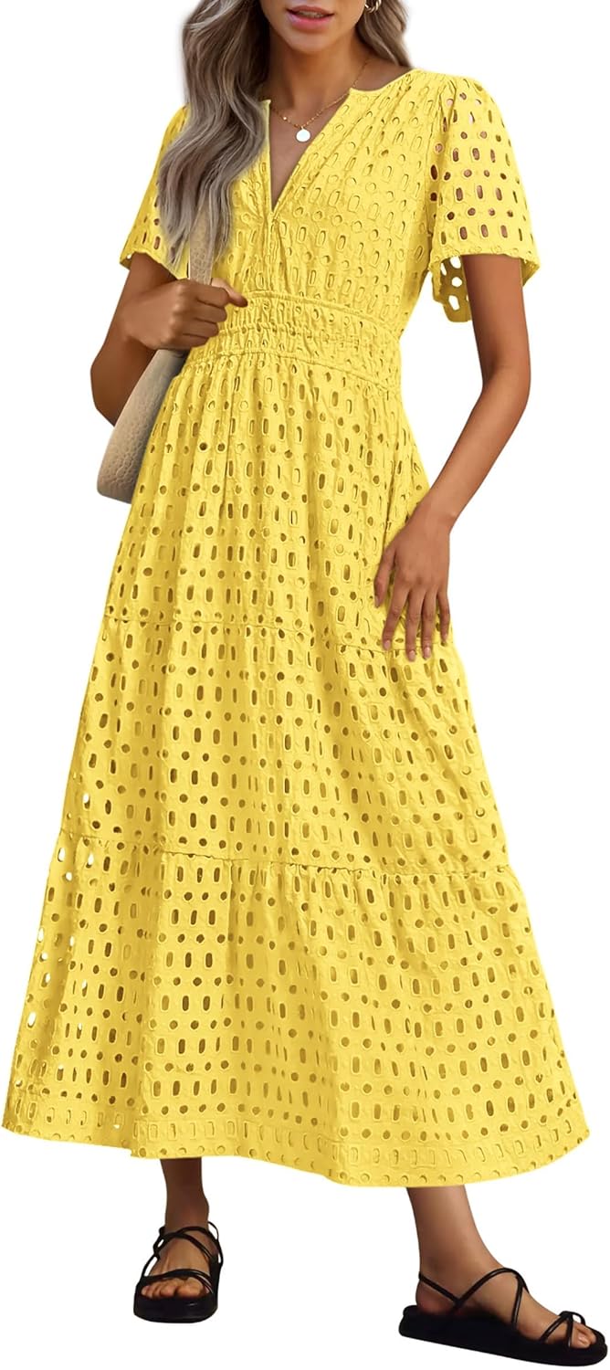 NOUVEAU 🔥 Robe longue d'été 2025 pour femme, manches courtes, col en V, ajourée, œillets, coupe trapèze