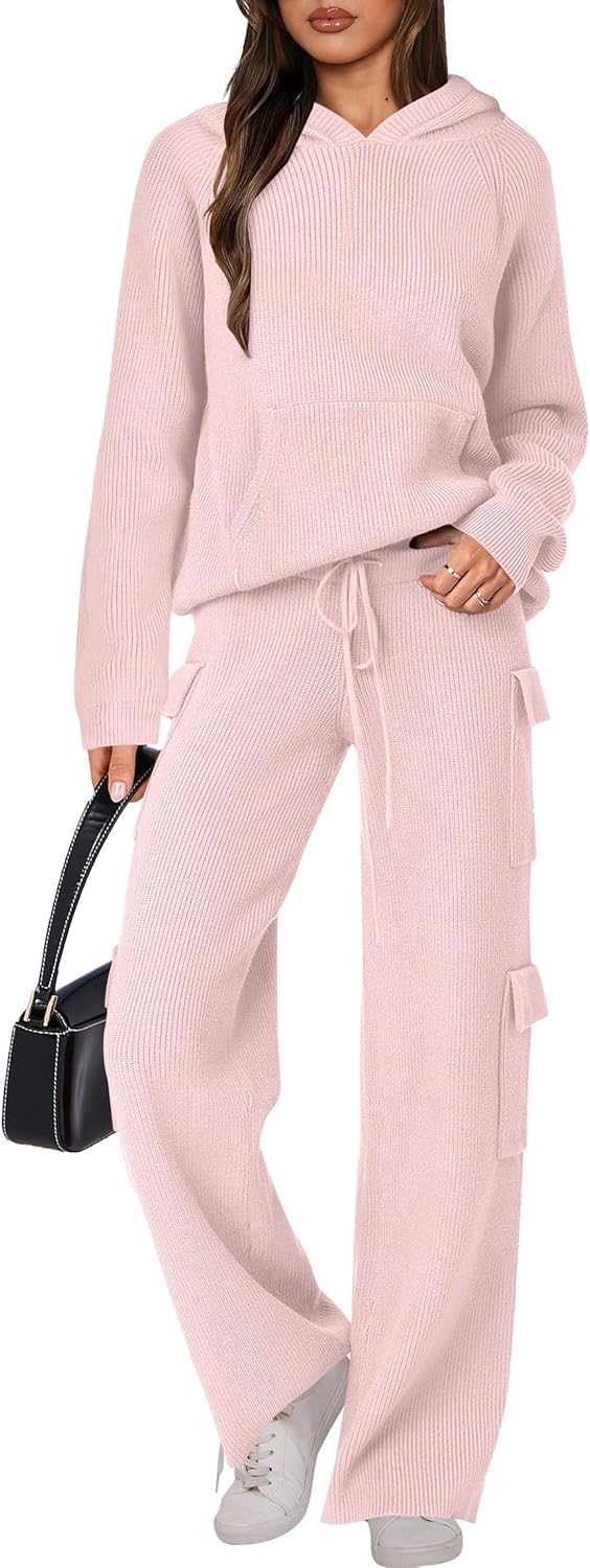 🎄Weihnachts-SALE 🔥 Zweiteilige Outfits für Damen Lässiger Kapuzenpullover Strick Gerades Bein Hosen-Set