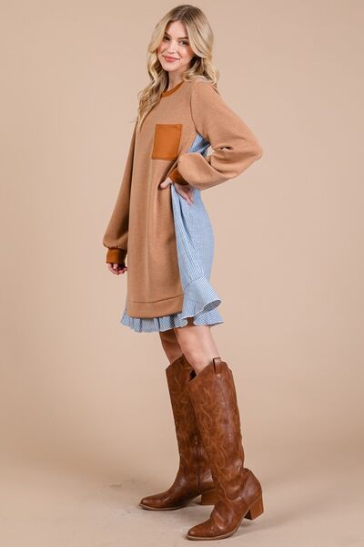 Robe Sweat Femme Col Rond en Tissu Éponge Patchwork Rayé