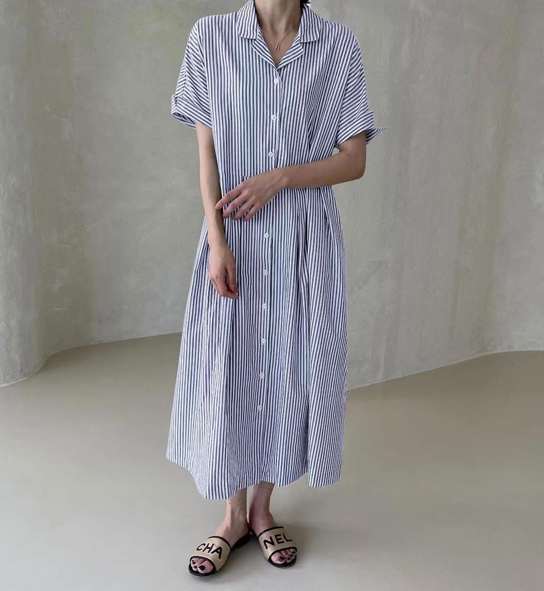 Robe chemise longue mi-longue en coton rayée à manches courtes avec poches pour femme (achetez 2, la livraison est gratuite)