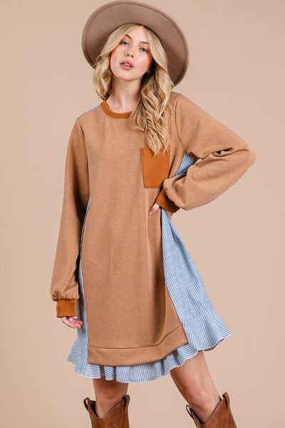 Robe Sweat Femme Col Rond en Tissu Éponge Patchwork Rayé