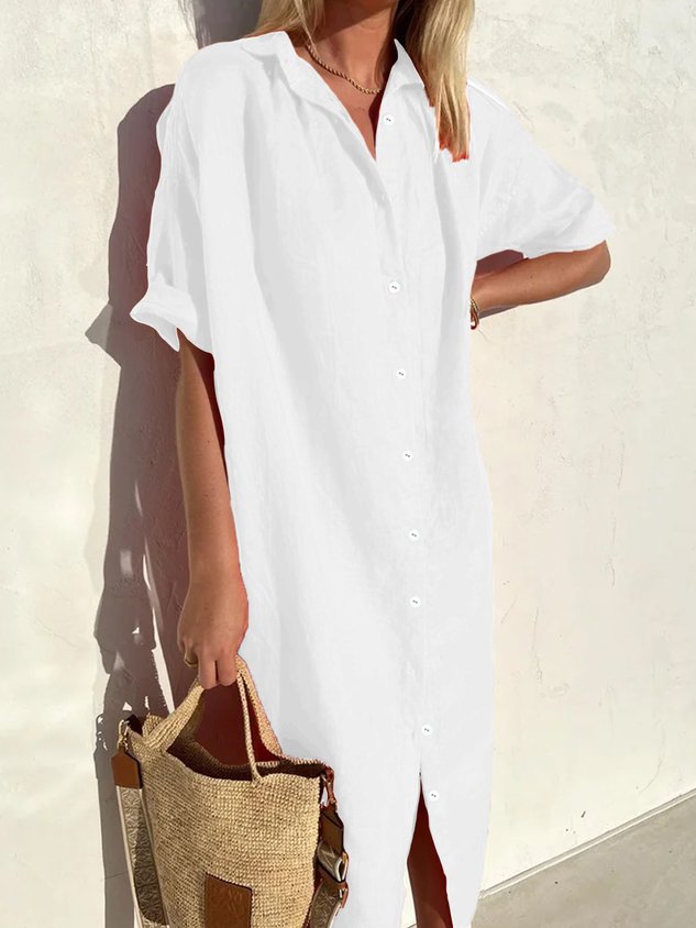 Damen Elegant Lässig Locker Halbarm Knopfleiste Vorne Halbarm Baumwoll-Leinen-Kleid