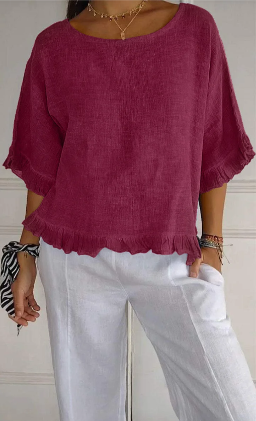 🔥Vente liquidation🔥 Top femme à col rond en coton et lin à volants