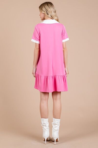 Ces Femme Kleid mit Johnny-Kragen, Rüschensaum und kurzen Ärmeln
