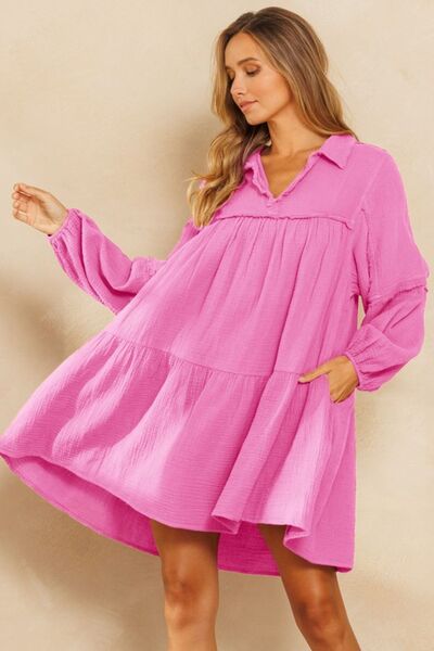 Ces Femme Johnny Collar Ballonärmel Minikleid