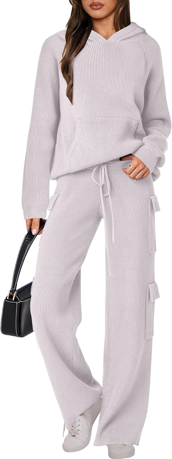 🎄Weihnachts-SALE 🔥 Zweiteilige Outfits für Damen Lässiger Kapuzenpullover Strick Gerades Bein Hosen-Set