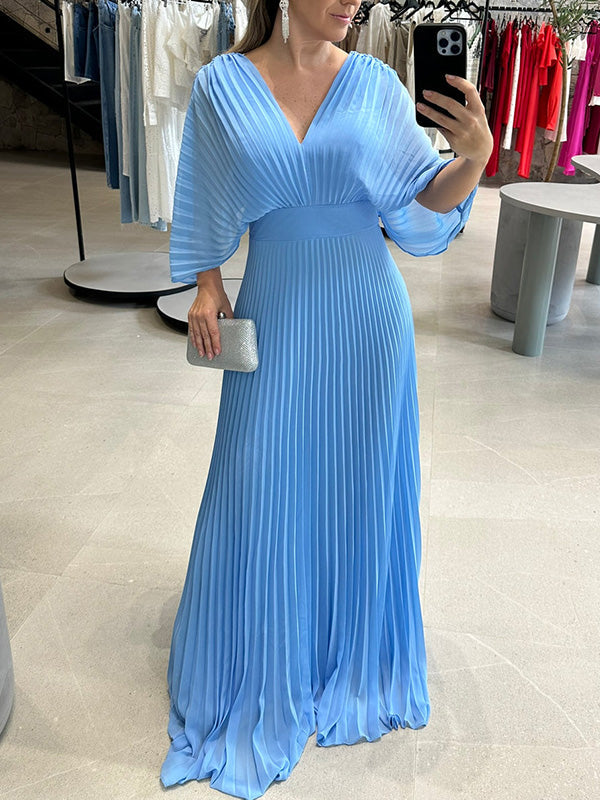 NEU🔥 V-Ausschnitt Chiffon Rückenbindeband Reißverschluss Fledermausärmel Kleid – Steuerfrei