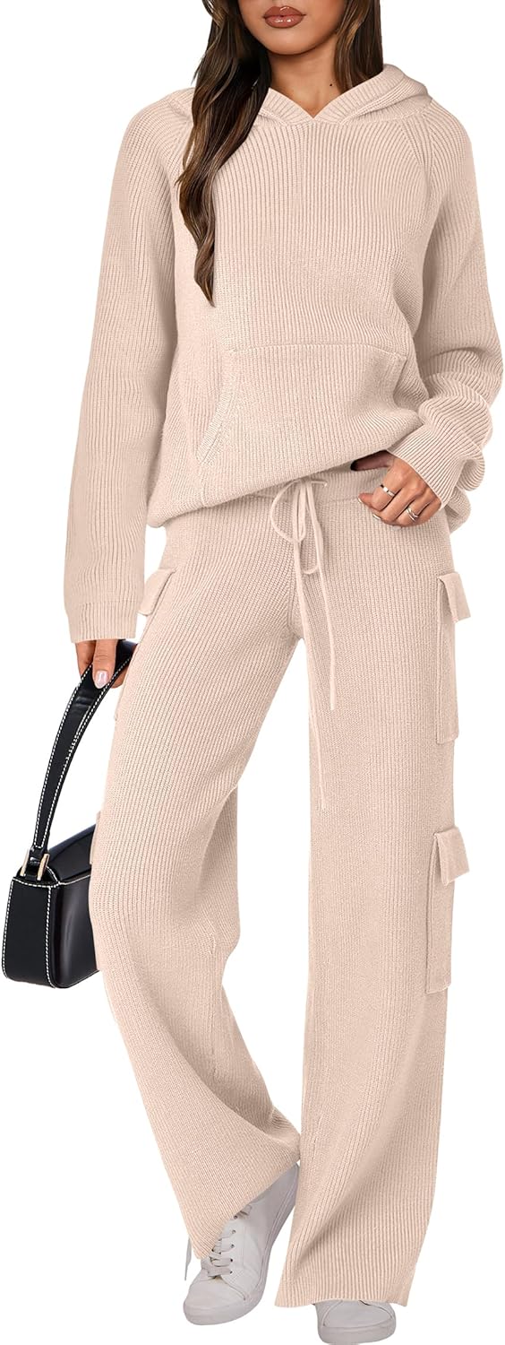 🎄Weihnachts-SALE 🔥 Zweiteilige Outfits für Damen Lässiger Kapuzenpullover Strick Gerades Bein Hosen-Set