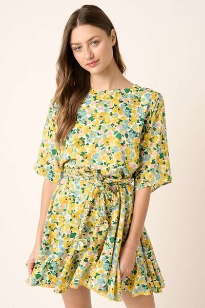 Mittoshop Robe courte à manches mi-longues, taille nouée et motif floral