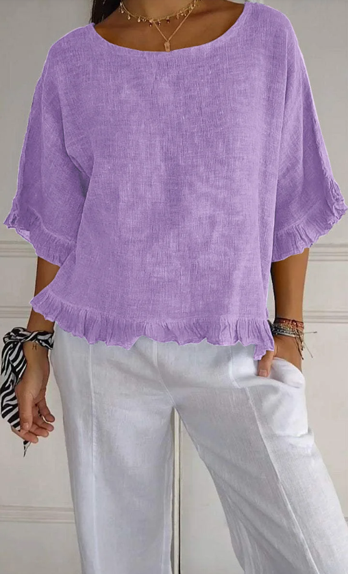 🔥Vente liquidation🔥 Top femme à col rond en coton et lin à volants