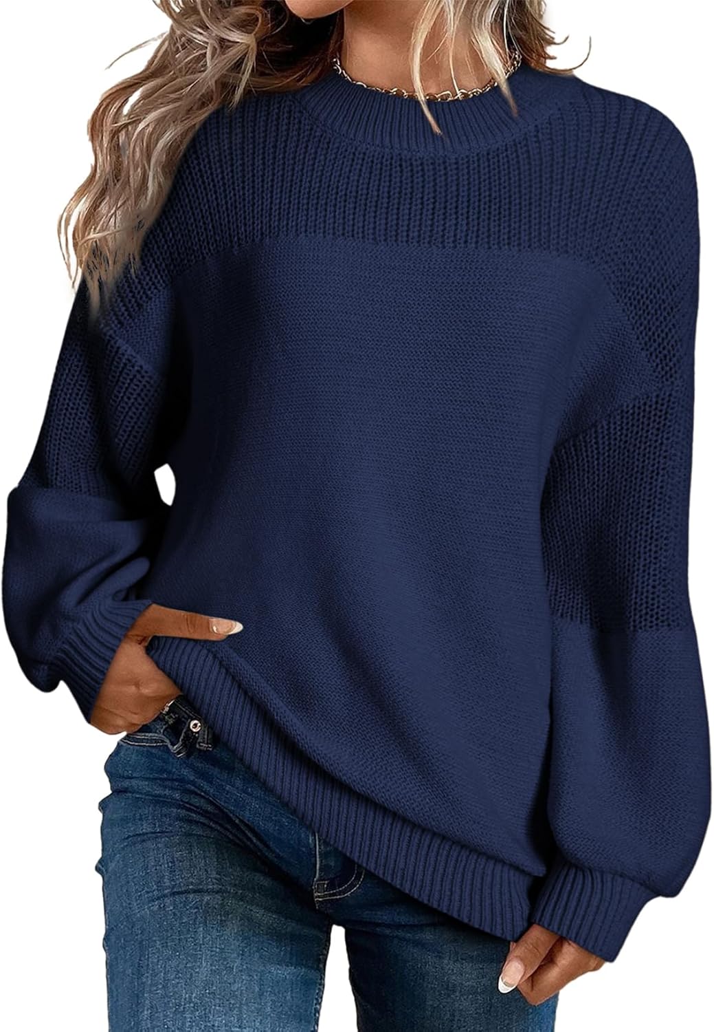 Damen Lässiger Langarm-Pullover mit Rundhalsausschnitt und festen Farben