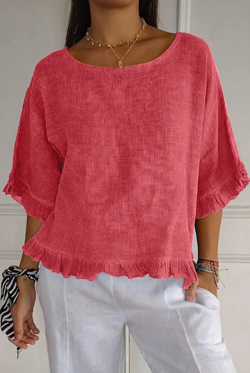🔥Vente liquidation🔥 Top femme à col rond en coton et lin à volants
