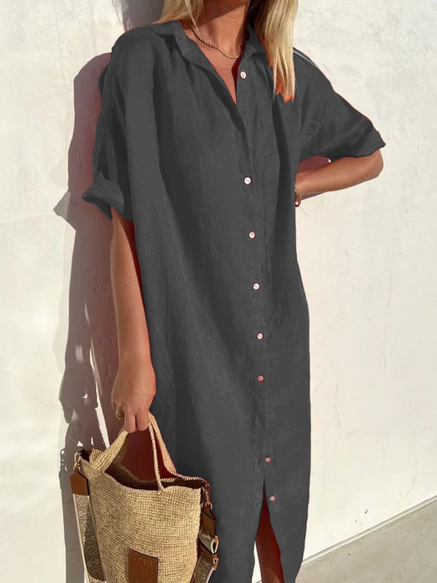 Damen Elegant Lässig Locker Halbarm Knopfleiste Vorne Halbarm Baumwoll-Leinen-Kleid