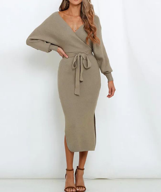 Robes pull fendues à col en V croisé pour femmes (achetez-en 2, livraison gratuite)